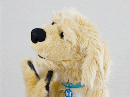 Video gif. Puppet of a blonde dog, rubs his chin as if thinking very hard.