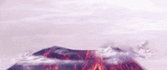 Digital art gif. A volcano erupts with lava and kissy lips.