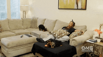 Reality TV gif. Woman on Rickey Smiley For Real lounges in complete exhaustion on the couch. Two small shih tzu dogs are at her feet, licking each other, and another is next to her sniffing the couch.