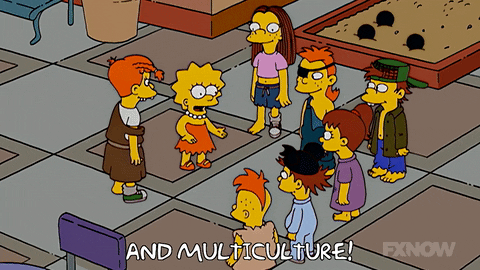 Yellow cartoon figure throwing her hands up and exclaiming 'and multiculture'. Surrounded by 7 other yellow figures