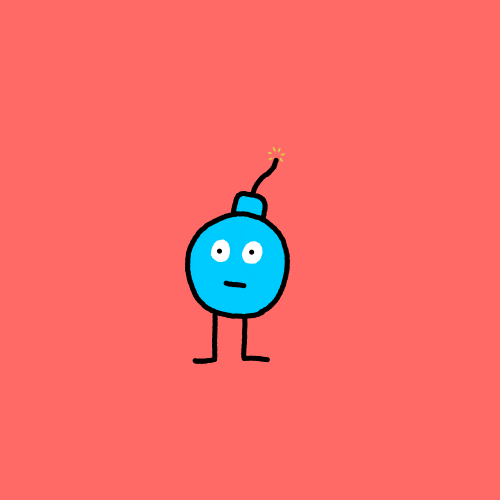 Illustrated gif. Wick with a banner that reads "boom," emerges from the top of a tiny round blue bomb, with stick legs and a straight face.