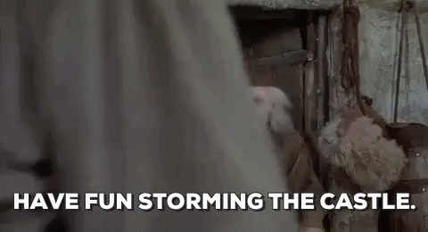 Gif from The Princess Bride. Miracle Max and his wife wave off the heroes with the caption: have fun storming the castle.