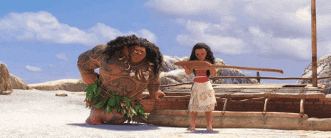 An animation featuring a brown skinned young girl, hitting a larger brown skinned man with a rowing paddle in the groin. He appears to clutch his groin afterwards.