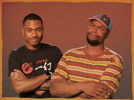 Celebrity gif. Steve Lacy shakes his head, annoyed, and gestures someone yammering with his hand, with Matt Martians making the same hand gesture and rolling his eyes dramatically.