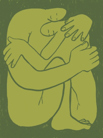 Illustrated gif. Two giant green beings are curled up together and embrace each other tenderly. Hearts fly out from their bodies as their fingers and toes twitch in comfort.