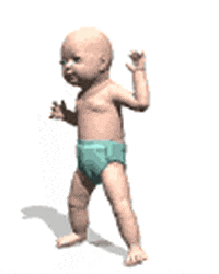 Digital art gif. A very pixelated AI-looking baby sends a roundhouse kick in their diapers. 