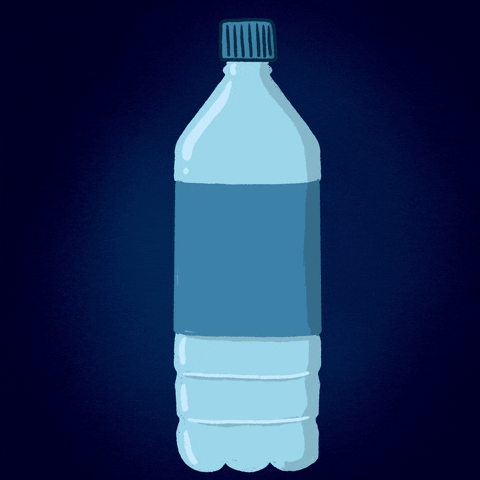Digital art gif. In all caps, the word "No" appears multiple times around an illustration of a plastic water bottle, whose label reads, "Say no to single-use plastic," all against a dark blue background.