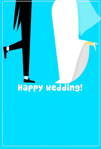 Barevný blikající obrázek s nohami nevěsty a ženicha a nápisem happy wedding!
