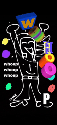 Digital art gif. A black and white illustration of a woman with her arms celebrating wildly with her hands thrown up in the air. Scattered around in funky, bold-colored letters is text reading, "Whoop" repeatedly.  