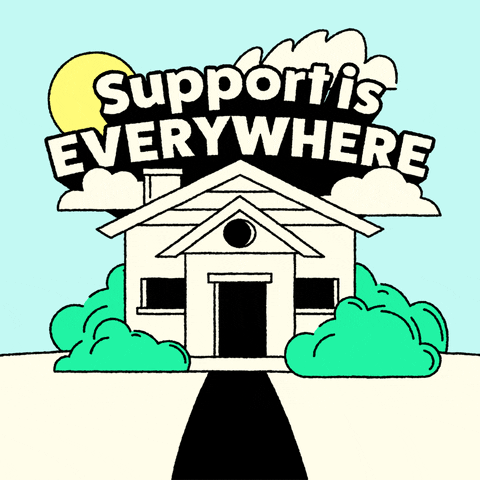 Text gif. Illustration of a house, which turns into a cozy commercial office, then into a church, and back into a house again, above, the text "Support is everywhere" floats among the clouds of a blue sky.