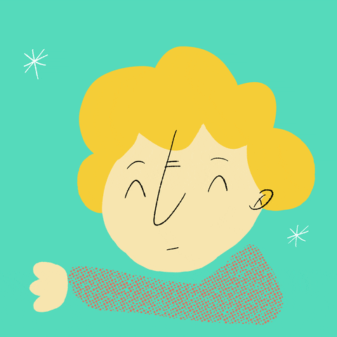 Illustrated gif. Smile creeps across the face of a person with curly blonde hair who also gives a thumbs-up, against a teal background.