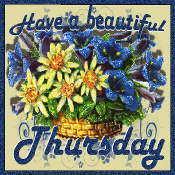 Text gif. A country-style basket of blue and yellow flowers sparkles around the text, "Have a beautiful Thursday." 