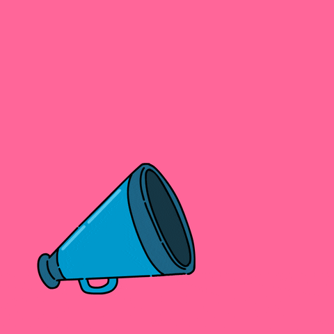 Illustrated gif. Blue megaphone on a bold pink background, speech bubble emerging from within reading, "Election overthrowers won't scare us, our voices will be heard!'