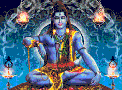 Illustrated gif. Krishna wears glowing jewels as he sits in lotus pose with one arm holding a chain and four flaming lanterns surrounding him.