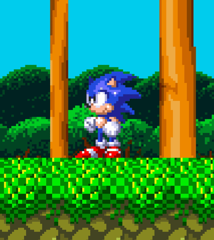 Video game gif. 16-bit Sonic the Hedgehog stands waiting in a forest tapping his foot, then giving a peace sign, then pointing to the left.