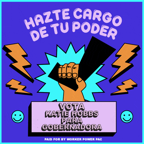 Digital art gif. Hand grasping a giant checkmark emphasized by a cyan dodecagram and smiley faces and orange lightning bolts, all on a blue-purple background, with ballet slipper pink bubble letters reading, "Hazte cargo de tu poder, Vota Katie Hobbs para gobernadora."