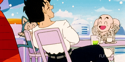 Anime gif. Krillin, Puar, and Yamcha from Dragon Ball Z are sitting at a table having a laugh together. Krillin has his hands behind his head and all three of their shoulders are shaking from laughter.