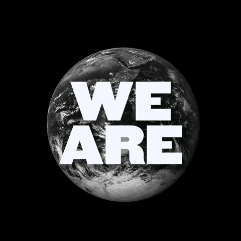 Photo gif. Black and white photo of the Earth against a black background is labeled with the text, “We are.” In bright green the words “The Climate Majority” are written over the photo, followed by an orange and brown graphic of a fist in the air.