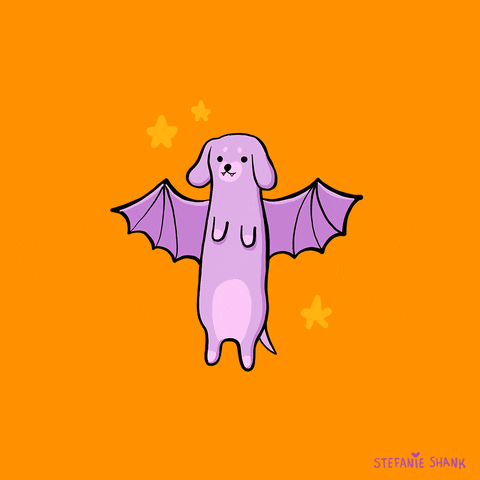 Illustrated gif. Purple dachshund with bat wings stands on its hind legs and shakes its body from side to side.