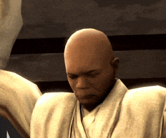 Digital art gif. Mace Windu from Star Wars has his eyes closed and breathes in while moving his head up. He then starts shaking violently, his eyes bulging out of his head, and he screams.