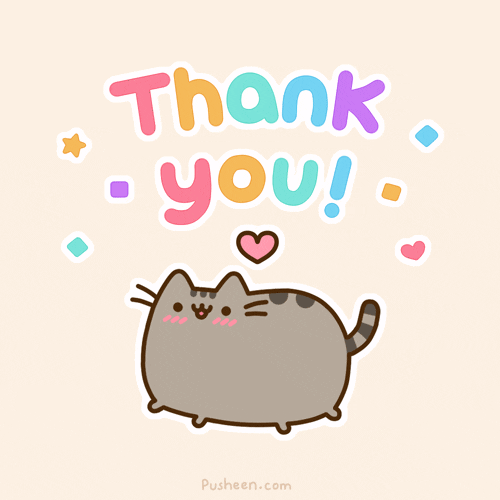 Kawaii gif. Gray Pusheen cat smiles and blushes, hopping on all fours as a small pink heart pulses above her. Rainbow text reads, "Thank you!"