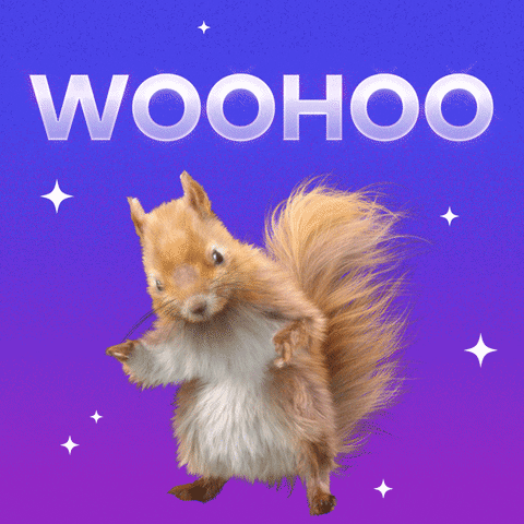 Cartoon gif. Squirrel leans to one side and does the twist, looking super cool and fabulous with its bushy tail waving behind it. Text against a blue-purple gradient background with stars reads, "Woo hoo!'