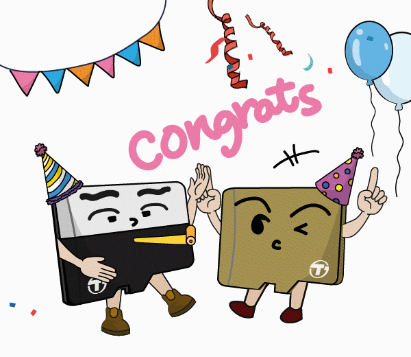 Kreslený gif s tancujícími kazetami s narozeninovými čepičkami a nápisem "Congrats".