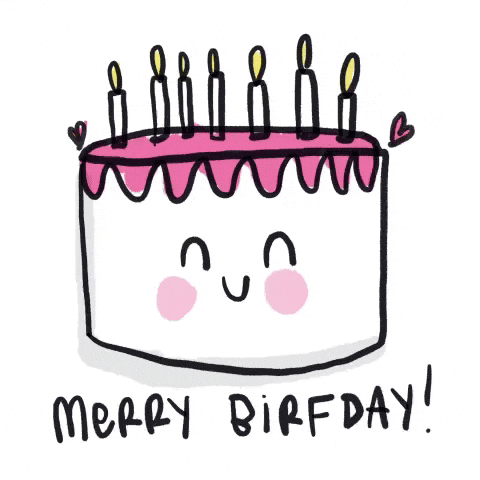Illustrated gif. Pink and white birthday with seven birthday candles smiles at us with a cute face. Heart float above the cake. Text, “Merry Birfday.”