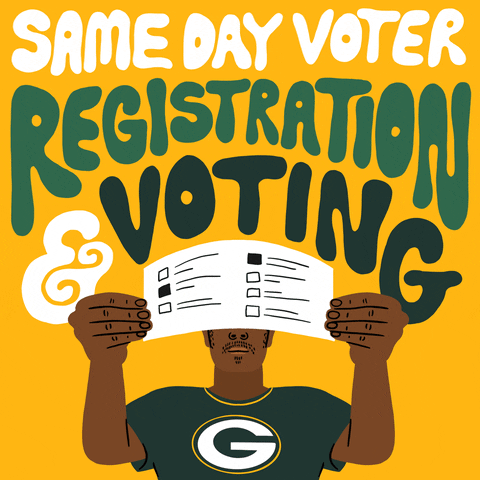 Illustrated gif. Person on a gold background wearing a Green Bay Packers shirt, holding a ballot toward us, foreshortened to cover their face, under an arch of groovy, color-changing lettering. Text, "Same-day voter registration and voting!"