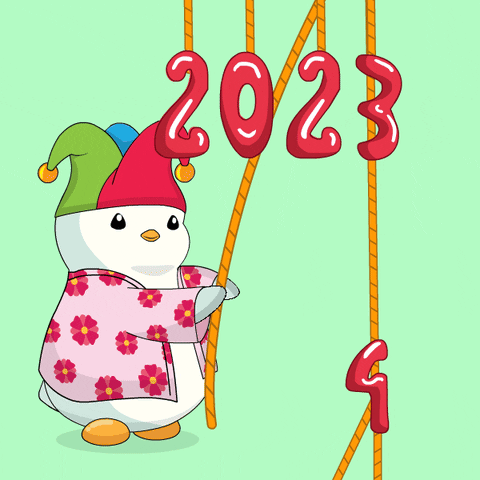 Digital illustration gif. Smiling penguin in a jester's hat and pink floral robe pulls a rope to hoist up a sign that says, "Best is yet to come" as the years above the sign change from 2023 to 2024.