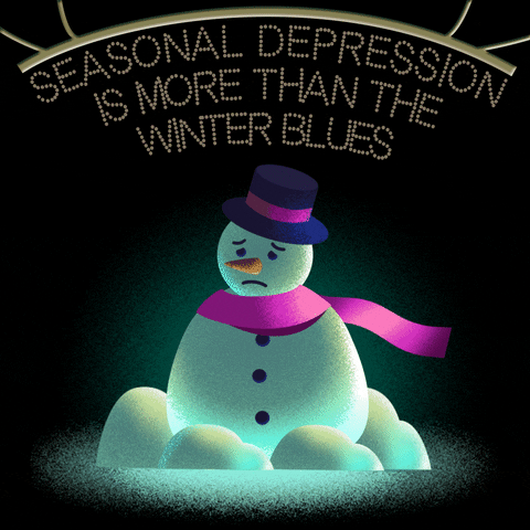 Digital art gif. Sad snowman in static shadow, a marquee of Christmas lights reads, "Seasonal depression is more than the winter blues."