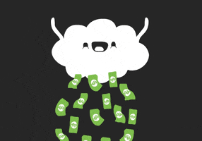 Digital art gif. A smiling, white cloud excitedly waves its squiggly arms in the air, raining green dollar bills downwards.