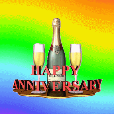 Digital art gif. A tray of champagne and two flutes sit in the middle of the gif and we pan up and down it with a hypnotic rainbow background. Text, "Happy Anniversary."