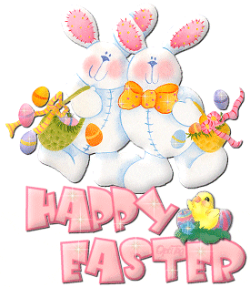 Třpytící se gif s kreslenými bílými zajíčky s výslužkou a nápisem Happy Easter.