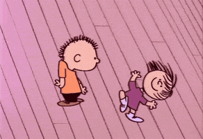 Cartoon gif. From A Charlie Brown Christmas, 5 and his sister 3 dance with some unusual moves.