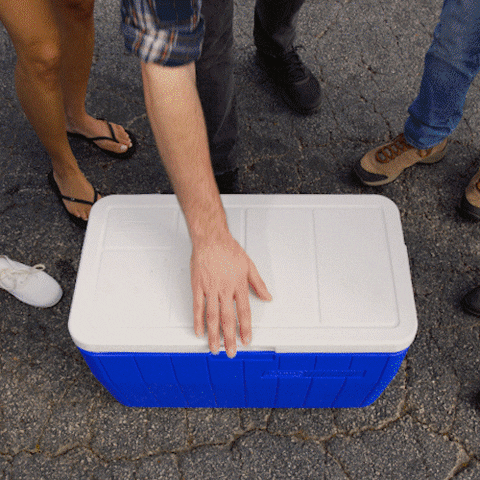 Ad gif. A man's hand opens a blue cooler full of ice and Twisted Tea drinks. More hands start grabbing the bottles--there's enough for everyone!