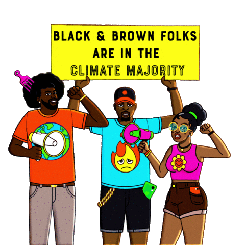 Digital art gif. Three Black activists stand together and enthusiastically raise their fists as they hold megaphones against a transparent background. The man in the center raises a sign above his head that says, “Black & brown folks are in the climate majority.”