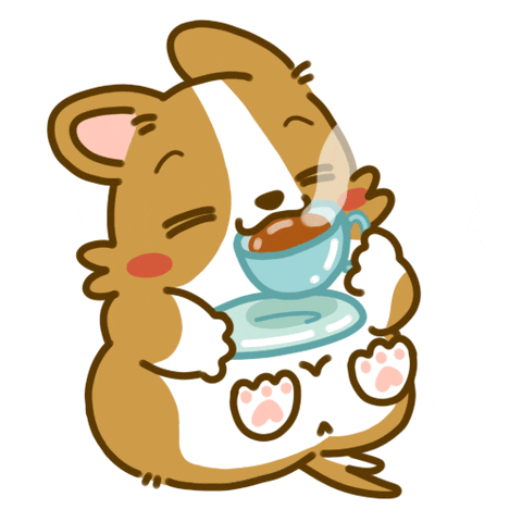 Kawaii gif. Corgi puppy holds a teacup and saucer and looks adorably comfy as it sips on the tea. Its eyes are closed and its ears wag up and down in pleasure.