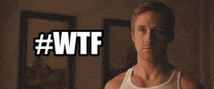 Photo gif. Ryan Gosling as Stephen Myers in The Ides of March stares ahead with wide, confused eyes. Text that reads, "#WTF" blares in white block letters.