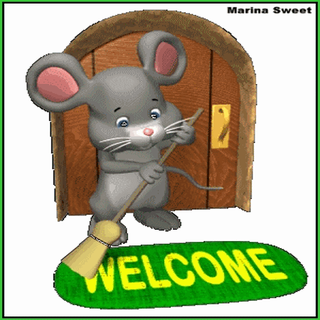 Cartoon gif. A mouse sweeps a mat that says, “Welcome” outside of a tiny door.