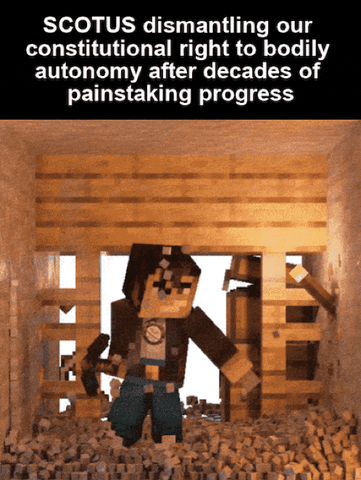 Minecraft gif. Minecraft character flails around wildly inside a building, breaking down the walls brick-by-brick with its arms and a hammer. Text, "S-C-O-T-U-S dismantling our Constitutional right to bodily autonomy after decades of painstaking progress."