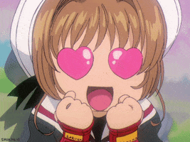 Anime gif. Sakura from Sakura CardCaptors looks at us with big heart eyes and a wide open smile on her face. She shakes her fists under her cheeks as she shrieks in happiness. 