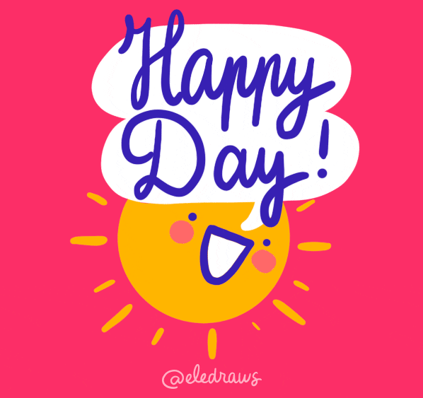 Kreslená pohyblivá animace s usmívajícím se sluníčkem a nápisem Happy Day na růžovém pozadí.