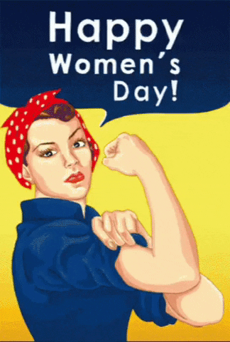 Illustrated gif. Rosie the Riveter from the famous poster looks at us with a cocked eyebrow and pumped her arms to flex her muscles. A text bubble is next to her mouth that says, “Happy Women’s day!”
