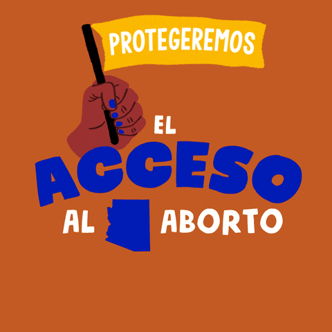 Text gif. Brown hand with blue fingernails in front of rusty orange background waves a yellow flag up and down that reads, “Protegeremos” followed by the text, “El acceso al aborto Arizona.”