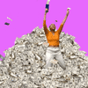 Black woman dancing in pile of money with money raining down.