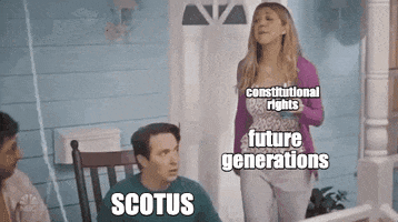 SNL gif. Heidi Gardner, labeled "future generations," holds a drink, labeled "constitutional rights," and approaches Beck Bennett, labeled "S-C-O-T-U-S." Beck slaps the drink violently out of Heidi's hand as she looks on, shocked.