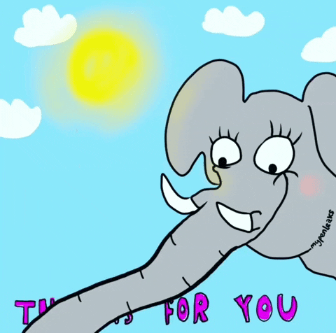 Kreslená pohyblivá animace se slonem, držícím růžovou kytičku v chobotu a s nápisem This is for you.