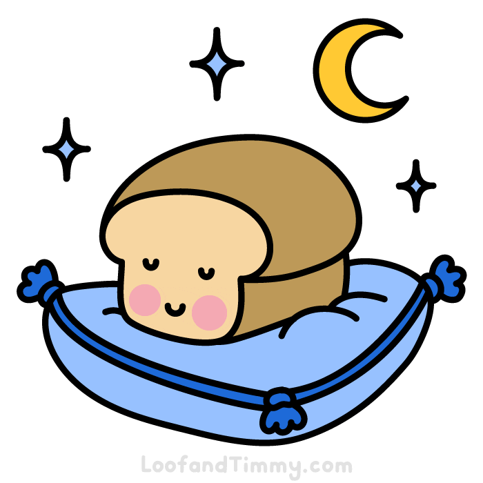 Kawaii gif. A loaf of bread has its eyes closed and is smiling as it lays on a fluffy blue pillow and the moon and stars twinkle around it.