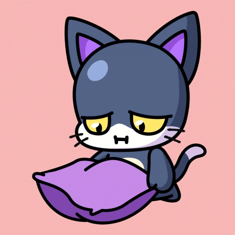 Cartoon gif. Gray and white cat from Ooz and Mates looks sad as it fluffs up a pillow, then collapses into it with a tear emerging from its tightly shut eyes. 